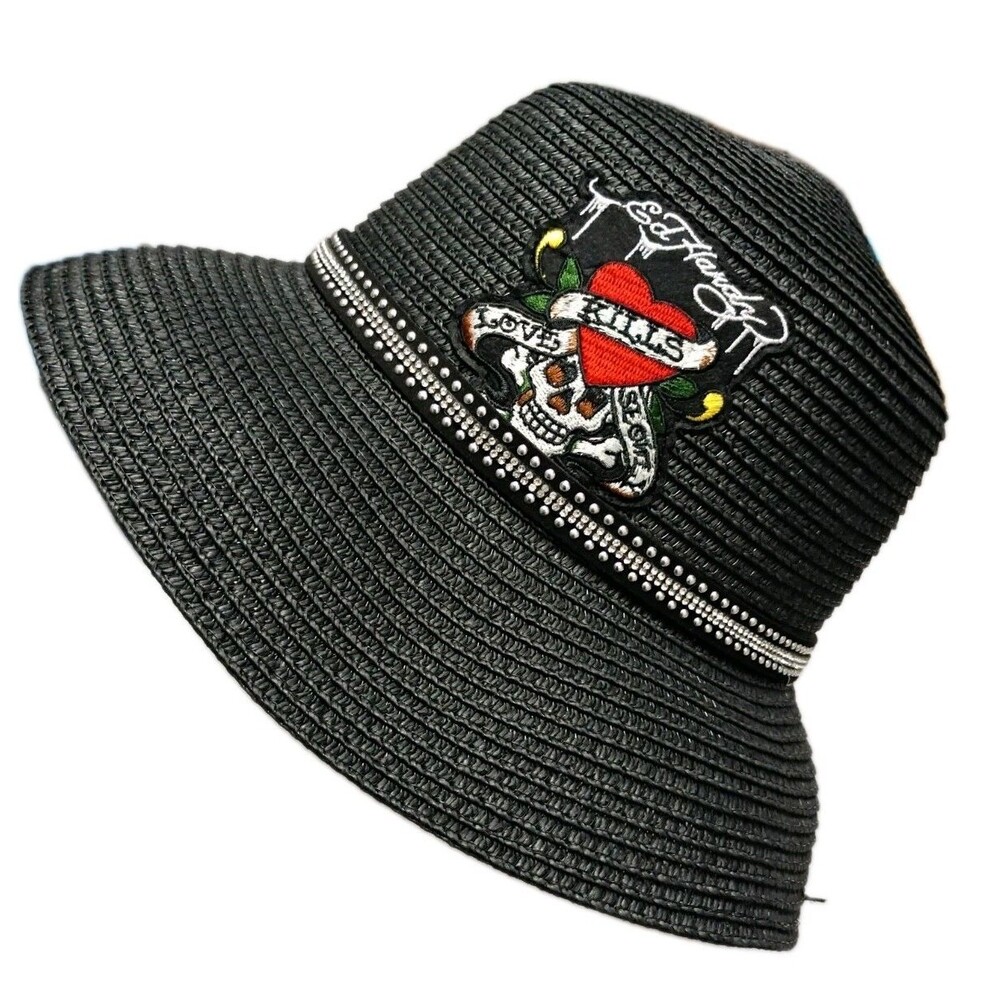 Ed Hardy Black Straw Bucket Sun Hat Skull Heart Rhinestone And Silver Stud NWT